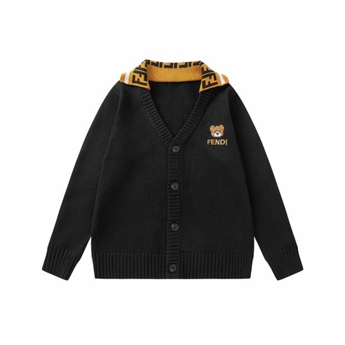 Fendi Spring Kids Bear Embroidered Wool Blend Cardigan