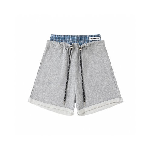 Miu Miu Girls Cotton Shorts Blue-White Plaid Rolled Hem