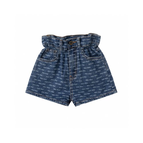 Miu Miu Girls Ruffled Waist Denim Shorts with Full Print 