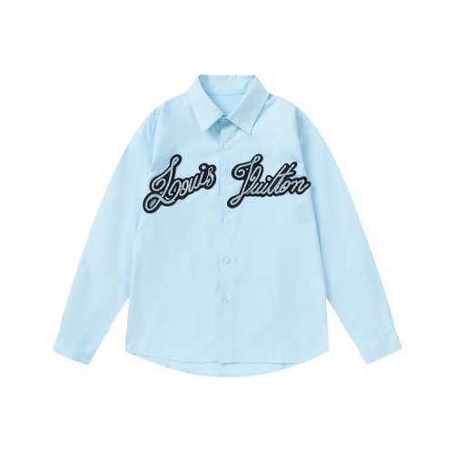 LV Kids Light Blue Beaded Embroidery Cotton Shirt
