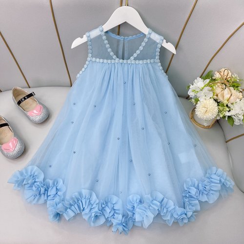 Dior Girls Sleeveless Soft Blue Beaded Tulle Dress 
