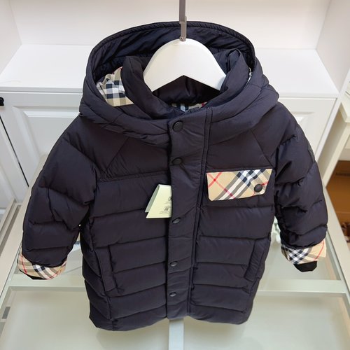 Burberry Kids Hooded 90 White Duck Down Jacket Mid-Length Striped