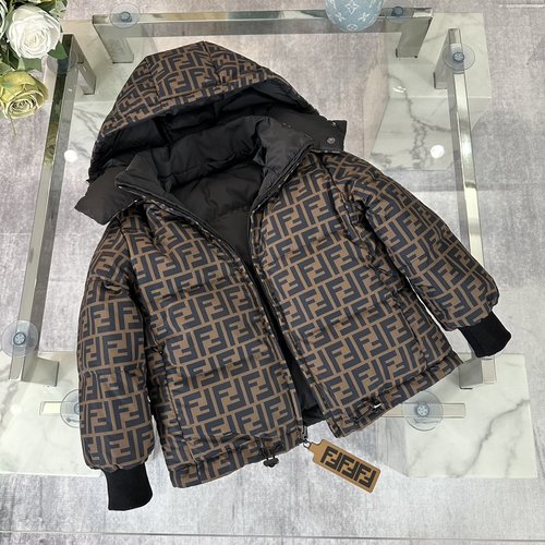 Fendi Kids FF Monogram Down Jacket, Removable Hood, 90 Duck Down, Imported Nylon