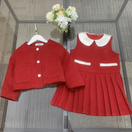 Chanel Girls Red Short Thick Wool Coat & Pleated Dress Set