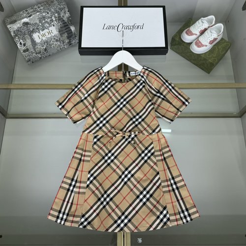 Burberry Girls Plaid Short-Sleeve Cotton Dress with High Waist 