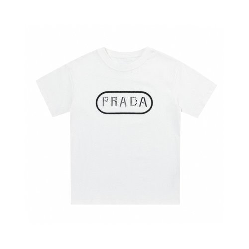 Prada Premium Kids Unisex T-Shirts, Triangle Letter Print, Fine Cotton