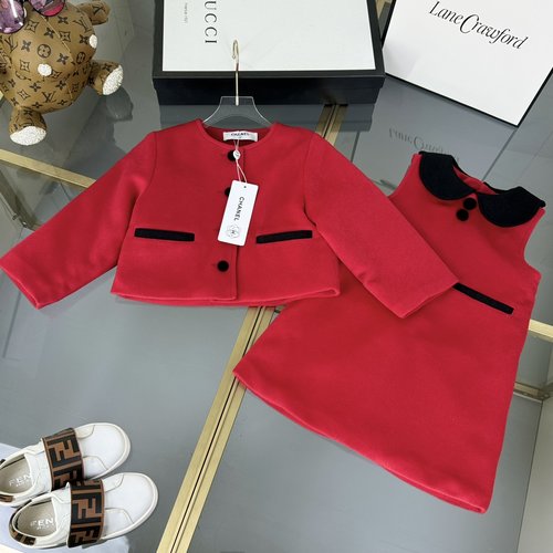 Chanel Girls Wine Red Wool Blend Vest Dress Set