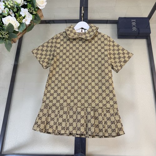Gucci Girls Brown Doll Collar Monogram Denim Dress