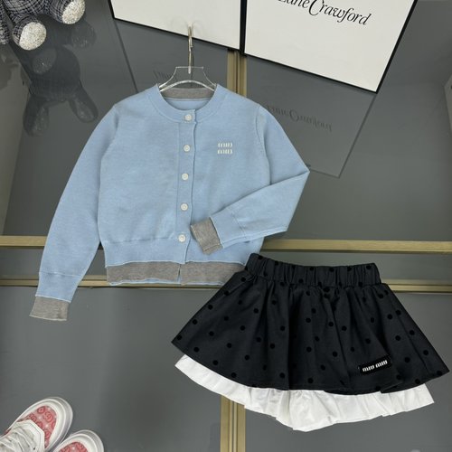 Miu Miu Girls Contrast Fake Two-Piece V-Neck Knit Cardigan