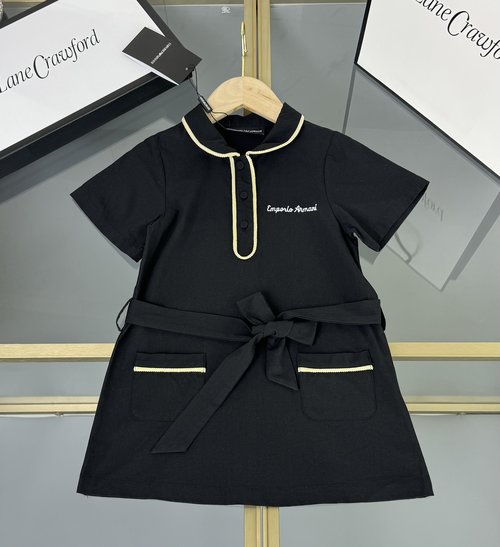 Armani Girls A-line Dress Pure Cotton Solid Color with Matching Belt