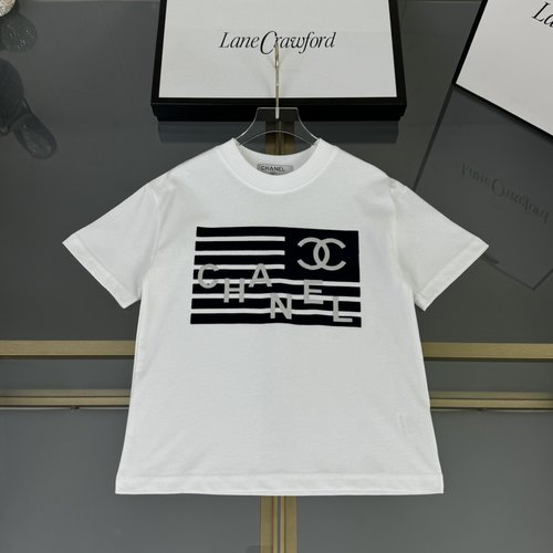 Chanel Unisex Kids Cotton T-Shirts with Letter Flocked Print