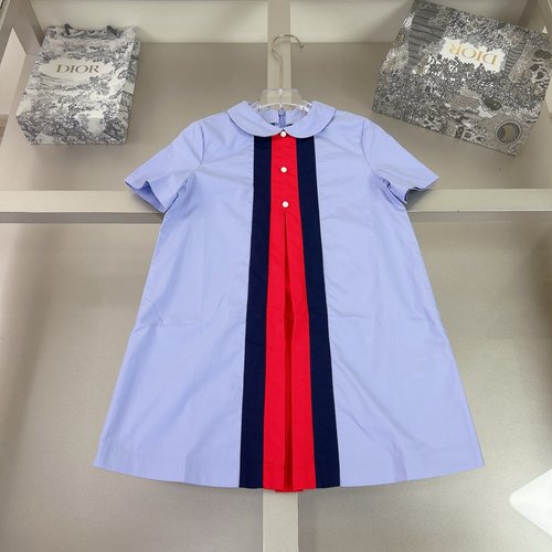 Gucci Girls High-End Pleated Dress with Two-Tone Waist Webbing