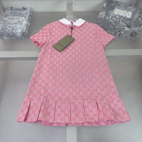 Gucci Girls Blush Pink Cotton Jacquard Dress with Contrast Ruffled Collar