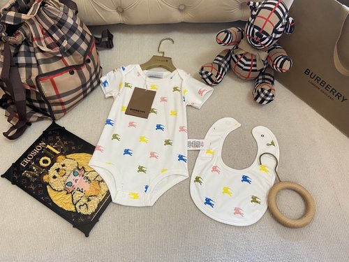 Burberry Baby Unisex Short Sleeve Bodysuit with Bib, 100 Cotton 