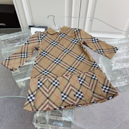 Burberry Girls Long Sleeve Piqué Dress with Plaid & Pleats