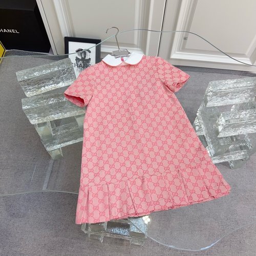 Gucci Pink Girls Cotton Pleated Dress with Contrast Collar