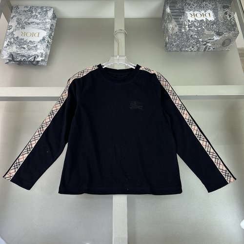 Burberry Kids Cotton Knit T-Shirt with Striped Checked Sleeves & Logo 