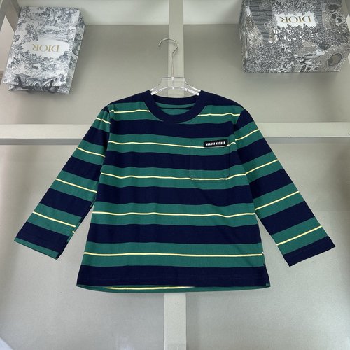 Miu Miu Kids Striped Long Sleeve T-Shirts Green & Gray 260g Knit