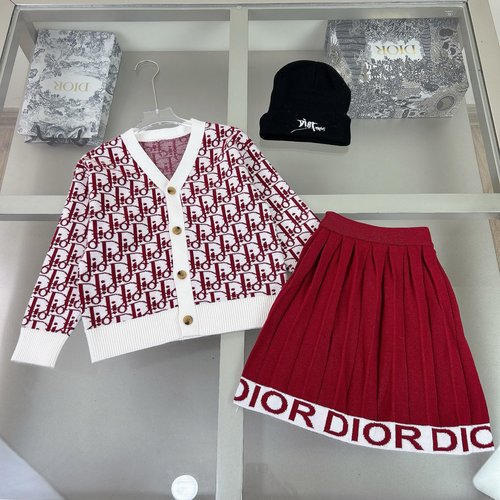 Dior Girls Burgundy & Cream Knit Cardigan Set with Hat