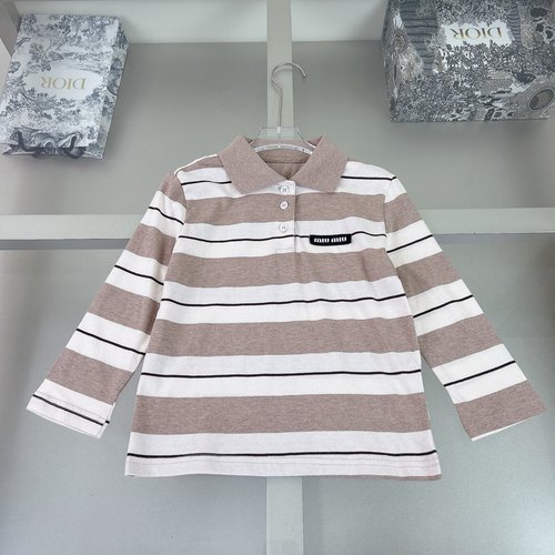 Miu Miu Kids Striped Long Sleeve Polo Shirt Beige Heavyweight Knit Patch