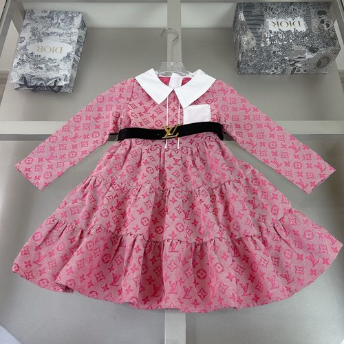 LV High-End Girls Polyester Dress with Belt & Letter Print