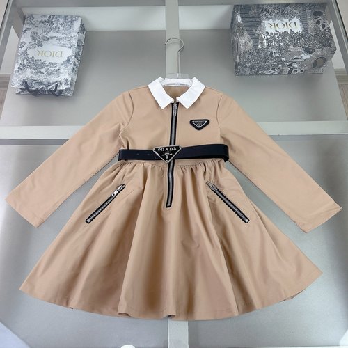 Prada High-End Girls Polyester Dress with Belt & Letter Print