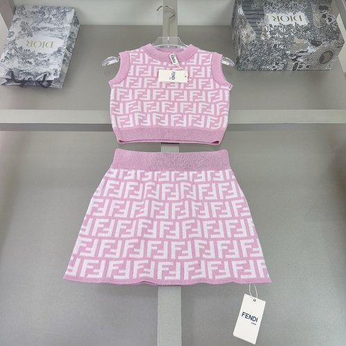 Fendi Comfortable Girls Logo Cotton Knit Skirt Set 