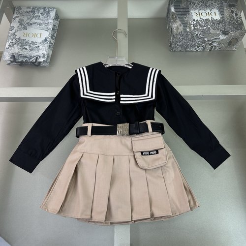 Miu Miu Girls Cotton Skirt Set - Navy Shirt, Pleated Skirt with Belt & Letter Print