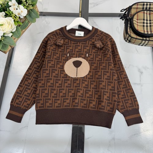Fendi Kids Unisex Thick Cashmere Sweater with Ear, Bear & FF Jacquard