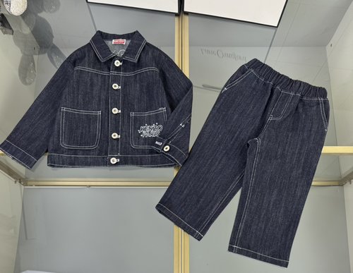Kenzo Kids Denim Set Long Sleeve Jacket Straight Pants Distressed Wash Comfortable Stylish