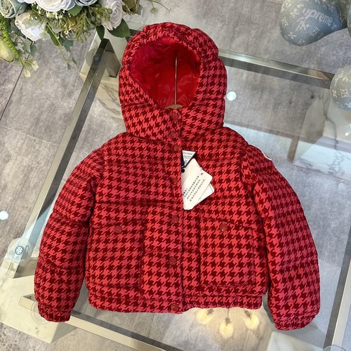 Moncler Kids Wine Red Herringbone Down Jacket with Hood