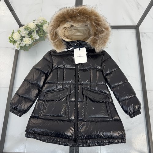 Moncler Girls Mid-Length Waisted Down Jacket with Fur Collar