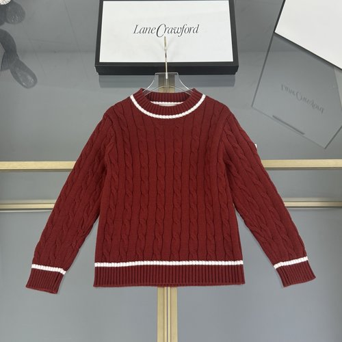 Moncler Kids Premium Cashmere-Cotton Sweater Cable Knit White Stripe Sleeve Embroidery