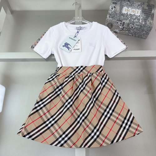 Burberry Premium Girls Cotton Set Dress with Striped Check & Embroidered Logo