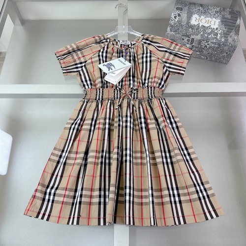 Burberry Girls Premium Cotton Dress With Aligned Checks & Stripes