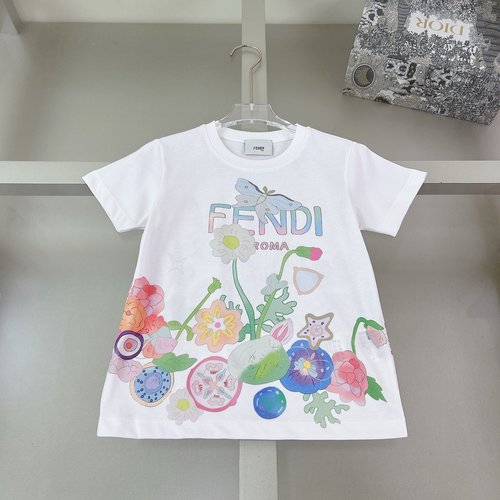 Fendi High-End Girls Floral Butterfly Print Cotton T-Shirt
