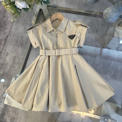 Prada High-end Girls Cotton Dress with Solid Belt, Comfortable & Stylish