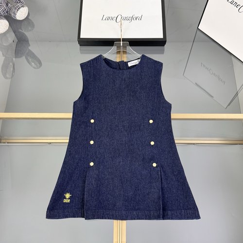 Dior Girls High-End Denim Dress, Custom Washed Cotton A-Line Dark Blue