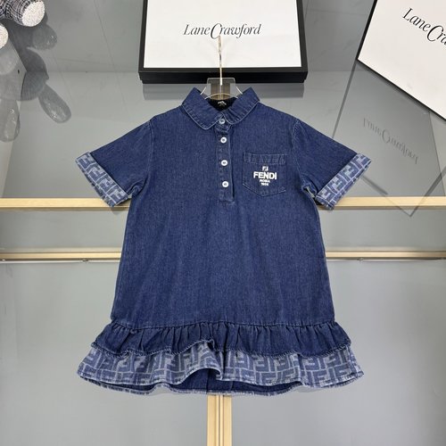 Fendi Girls Dark Blue A-Line Denim Dress with Ruffled Hem