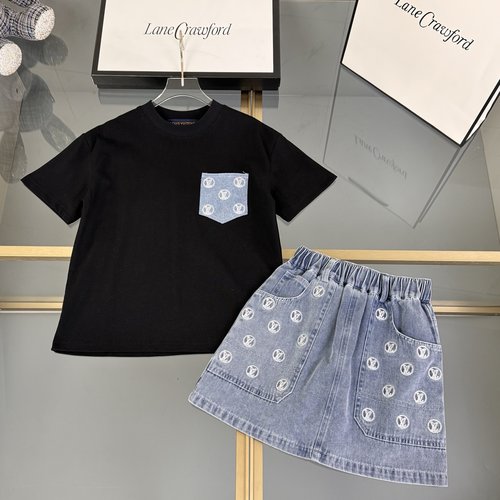 LV Girls 2-piece set: Cotton tee + embroidered denim skirt w/ inner lining