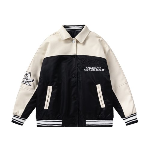 LV Kids Black White Leather Patch Quilted Baseball Jacket