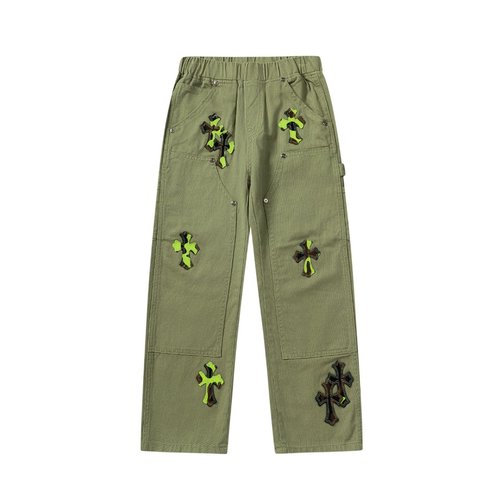 Chrome Hearts Leopard Camo Green Kids Cargo Pants 330g Cotton Washed Denim Silver Logo