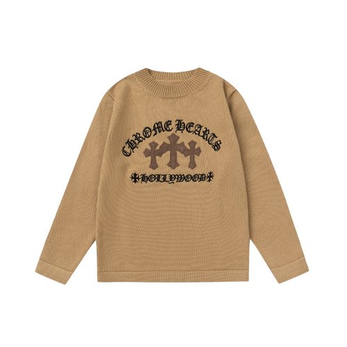Chrome Hearts Kids Maillard Color Round Neck Sweater with Suede & Silver Accents 