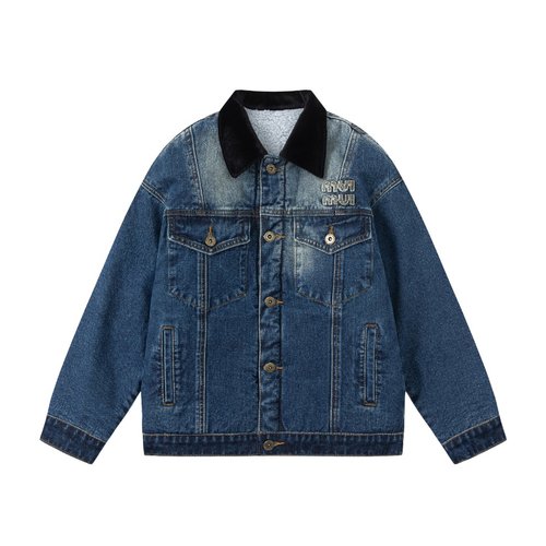 Miu Miu Kids Denim Jacket Velvet Collar Fleece Lined